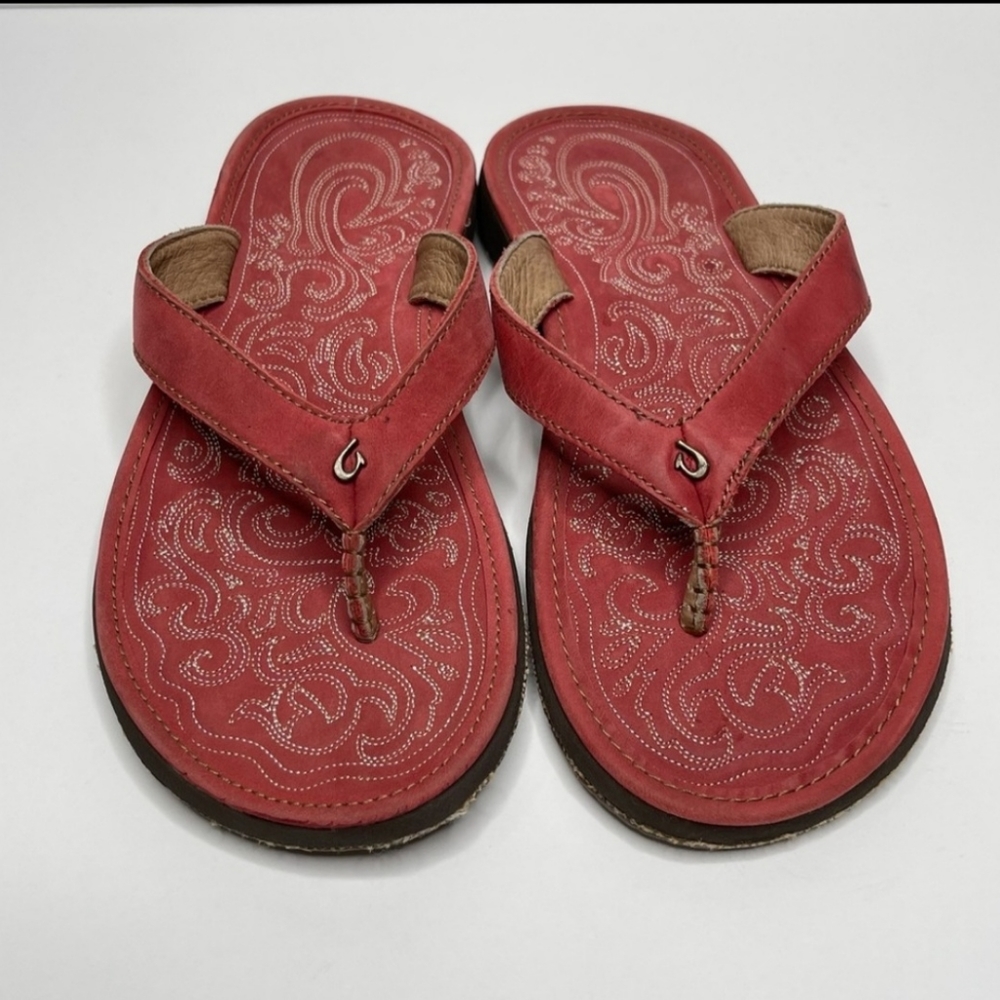 Olukai Panioli Red Leather Flip Flops